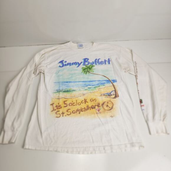 Gildan Jimmy Buffet 5 o'clock on St. Somewhere White Long Sleeve Tee Mens Size M - Picture 1 of 8